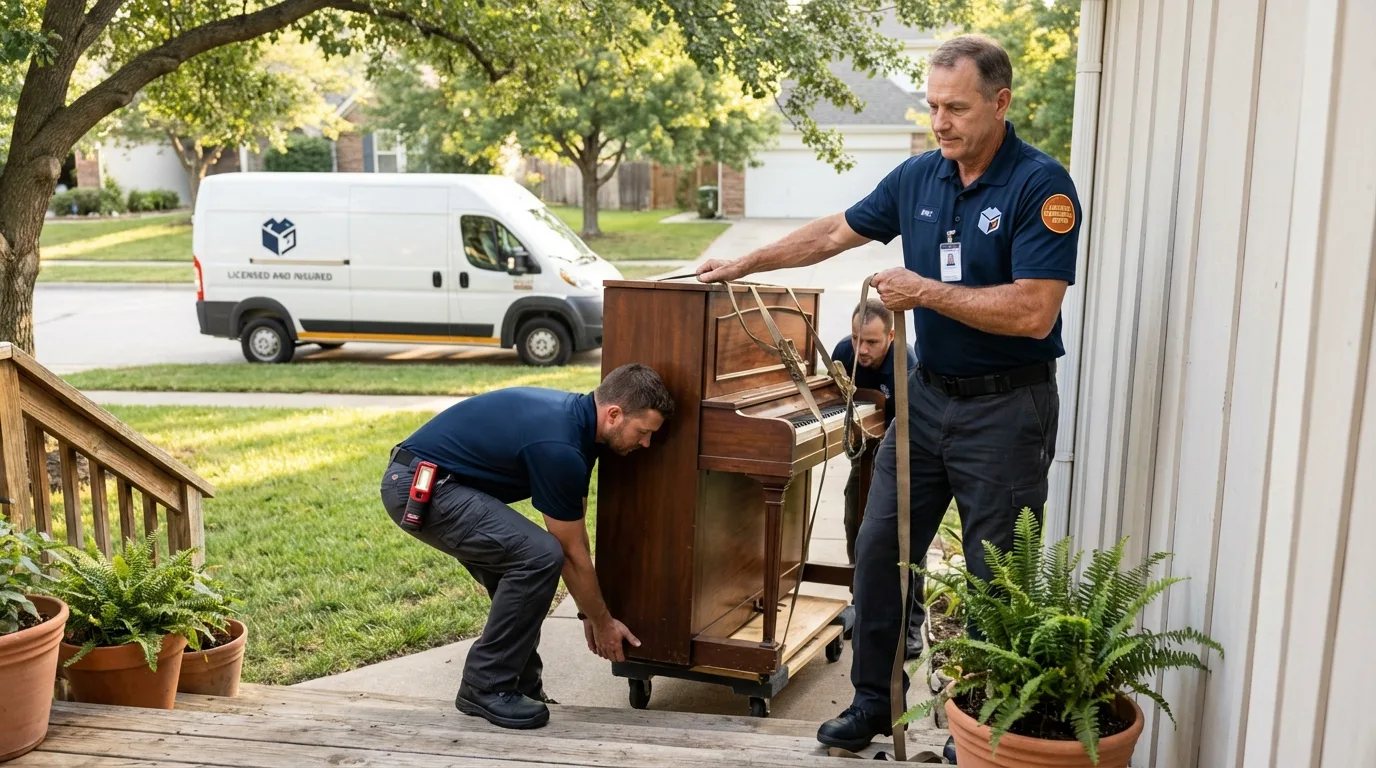 Licensed piano movers securing grand piano in Friendship, ME