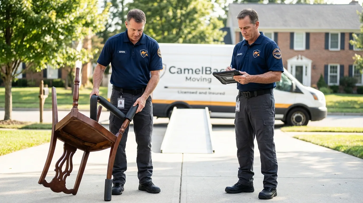 Movers inspecting furniture for damage prevention before loading in Friendship, ME