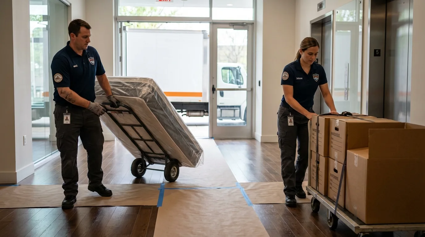 Professional apartment movers loading elevator in Friendship, ME