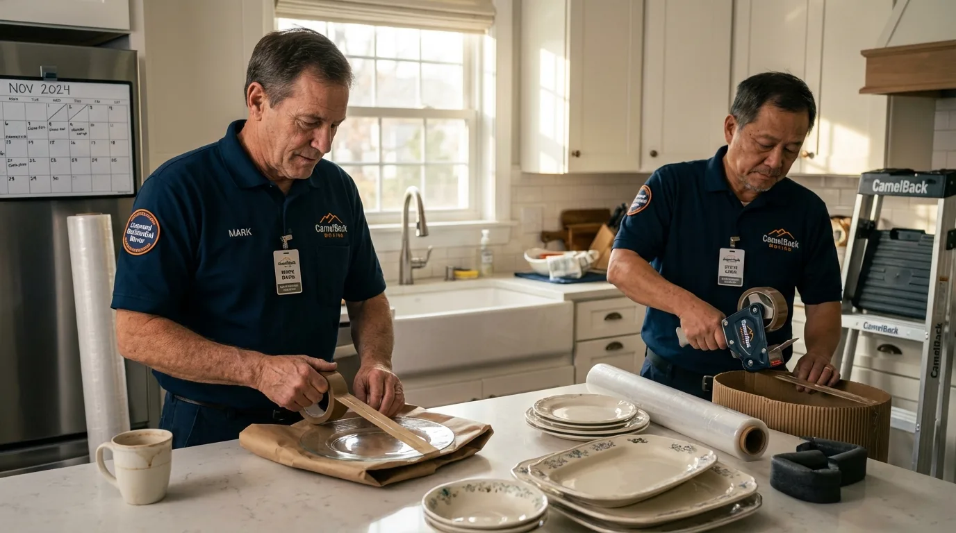 Professional crew packing kitchen dishware in Friendship, ME